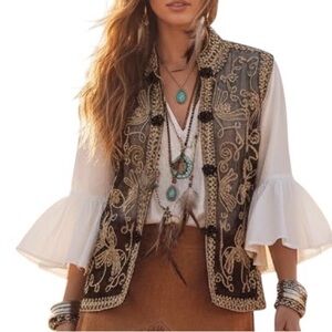 Ming Da Elegant Black Gold Embroidered Sheer Soutache Ribbon Vest Extra Large